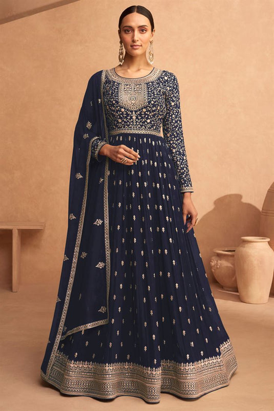 Georgette Fabric Navy Blue Color Elegant Sangeet Wear Anarkali Suit