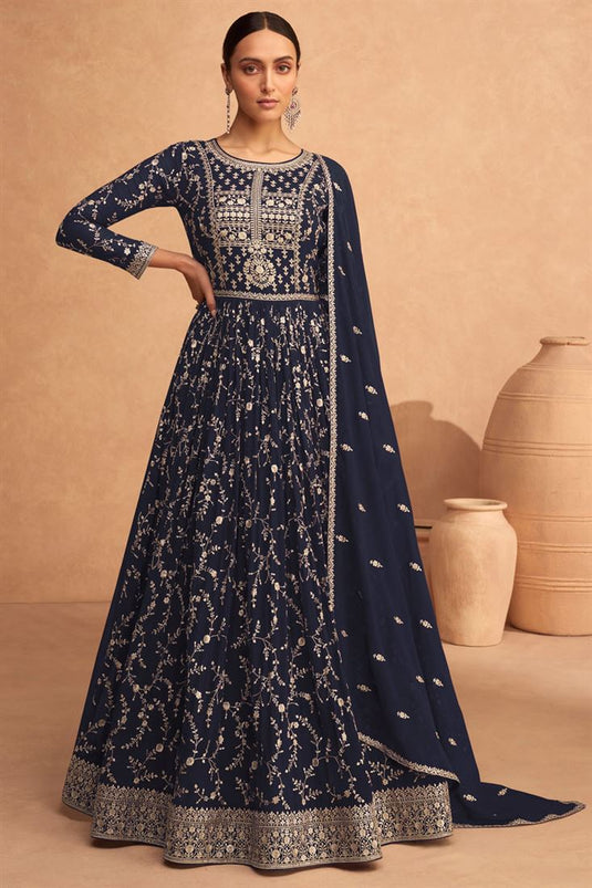 Georgette Fabric Function Wear Wondrous Anarkali Suit In Navy Blue Color