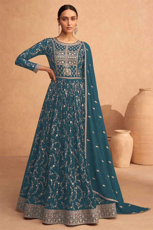 Function Wear Georgette Fabric Teal Color Supreme Anarkali Suit