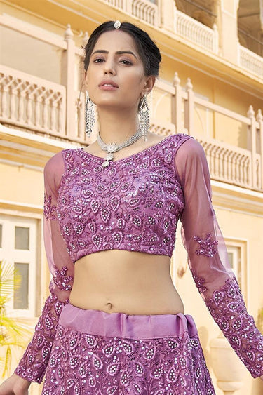 Lavender Color Net Fabric Embellished Embroidered Lehenga