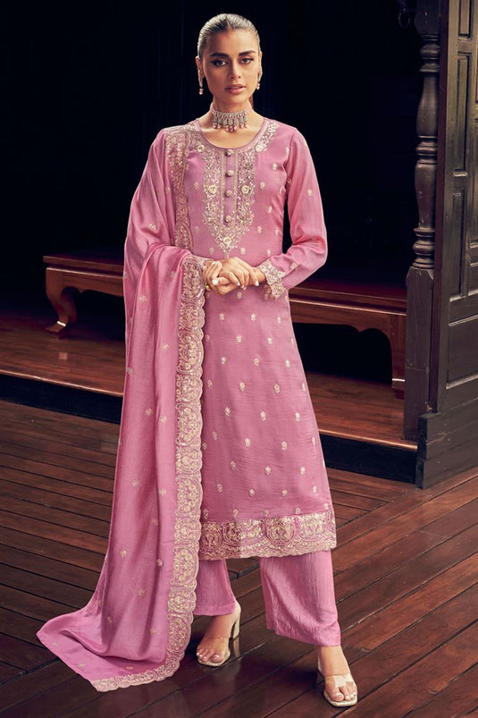 Silk Fabric Embroidered Beatific Salwar Suit In Pink Color