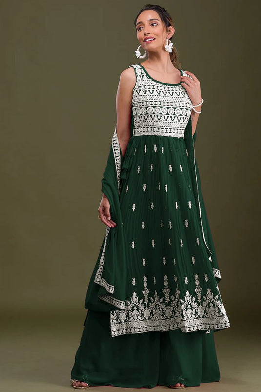 Bottle Green Embroidered Georgette Palazzo Suit