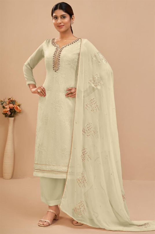 Alluring Georgette Fabric Cream Color Festive Look Palazzo Suit