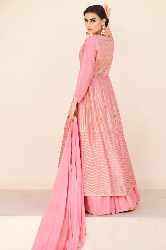 Chinon Silk Fabric Wedding Wear Readymade Sharara Top Lehenga In Pink Color With Embroidery Work