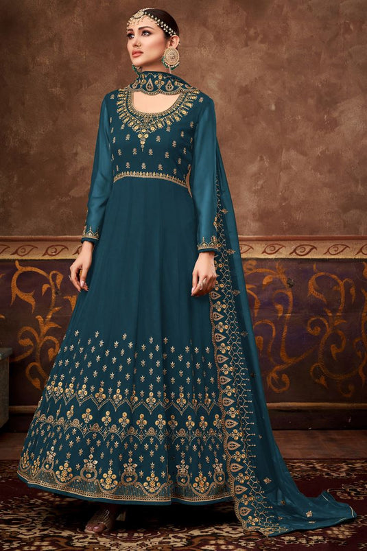 Teal Color Charismatic Embroidered Georgette Anarkali Suit