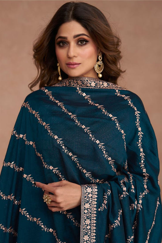 Shamita Shetty Teal Color Art Silk Fabric Special Anarkali Suit