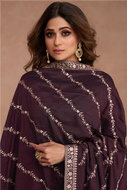 Shamita Shetty Wine Color Art Silk Fabric Coveted Anarkali Suit