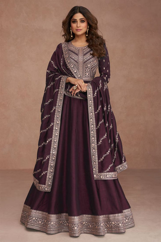 Shamita Shetty Wine Color Art Silk Fabric Coveted Anarkali Suit