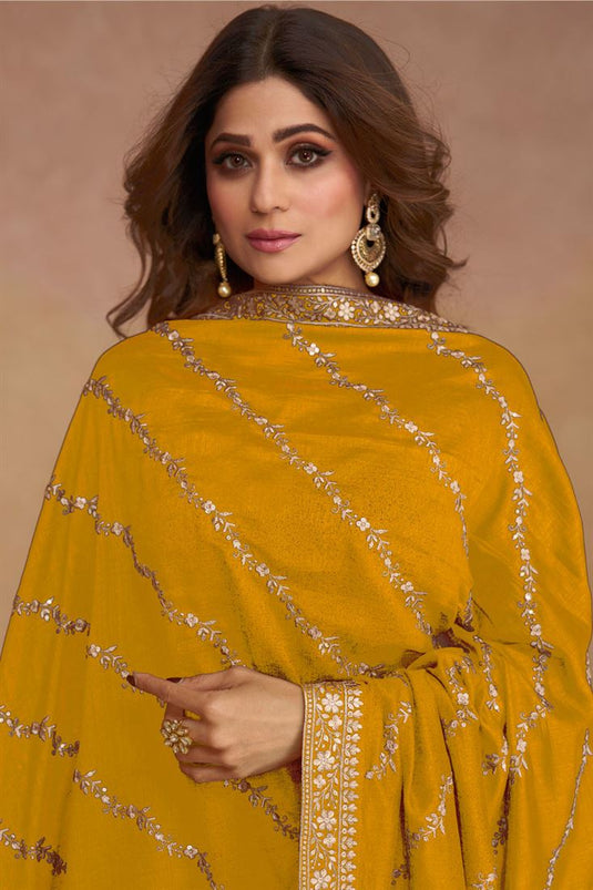 Shamita Shetty Art Silk Fabric Yellow Color Riveting Anarkali Suit