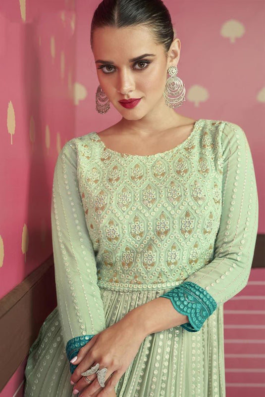 Sea Green Color Georgette Fabric Awesome Embroidered Work Palazzo Suit