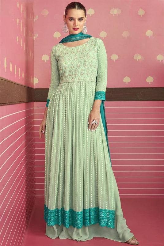 Sea Green Color Georgette Fabric Awesome Embroidered Work Palazzo Suit