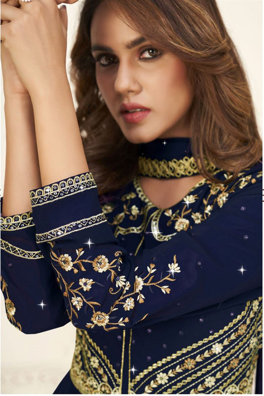 Fabulous Georgette Fabric Navy Blue Color Palazzo Suit