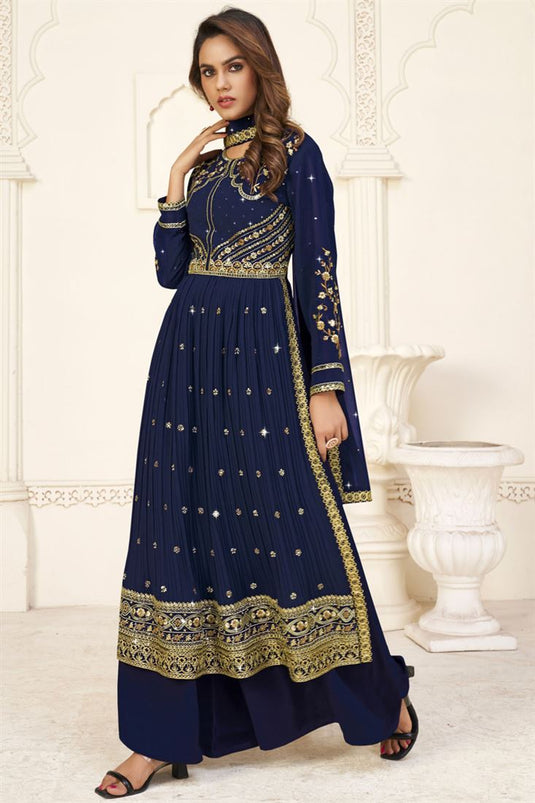 Fabulous Georgette Fabric Navy Blue Color Palazzo Suit