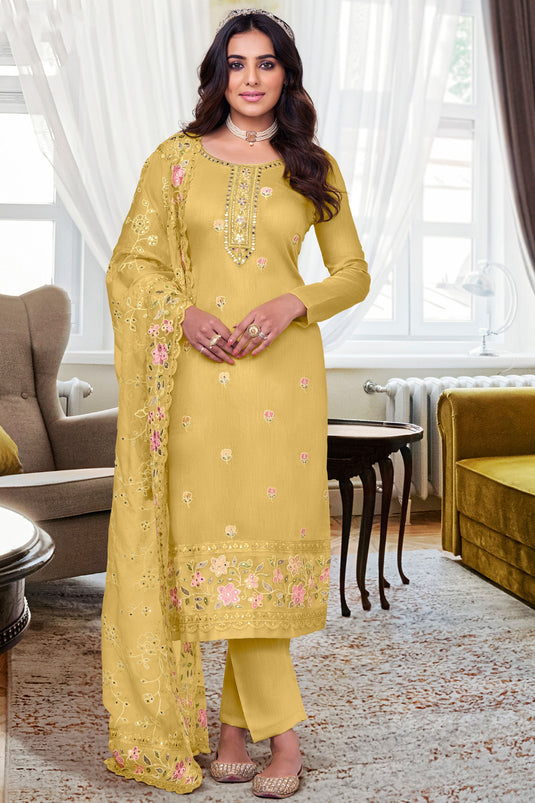 Ginni Kapoor Viscose Silk Festive Look Elegant Salwar Suit In Yellow Color