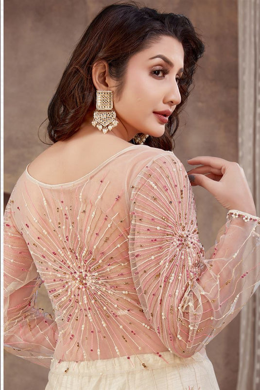 Off White Color Net Fabric Embroidered Tempting Anarklai Suit