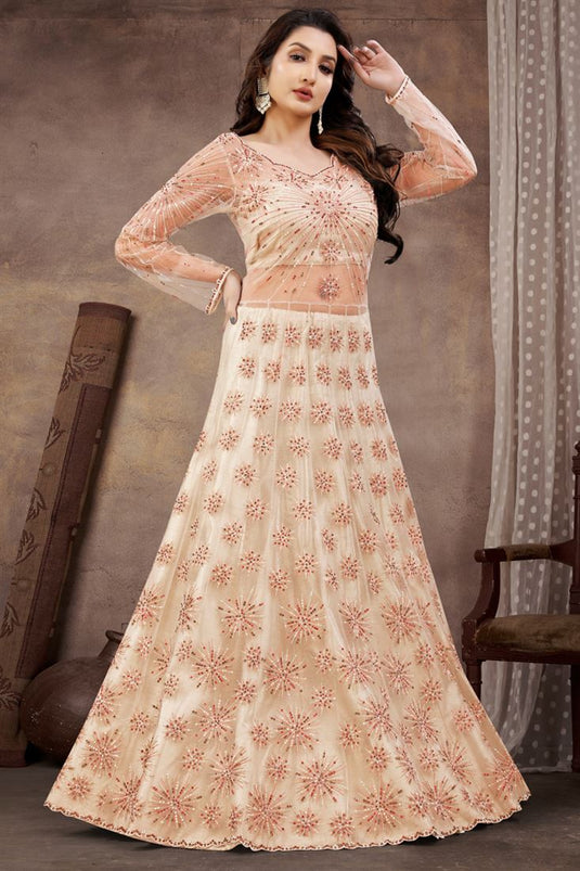 Off White Color Net Fabric Embroidered Tempting Anarklai Suit