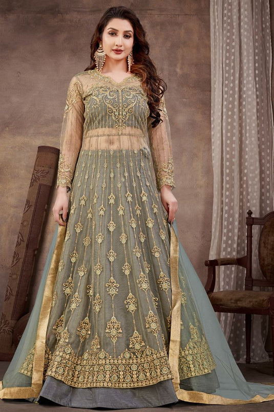 Net Fabric Embroidered Work Beatific Anarklai Suit In Grey Color