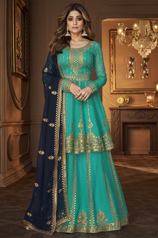 Eid Special Function Wear Georgette Fabric Embroidred Sharara Top Lehenga Featuring Shamita Shetty In Cyan Color