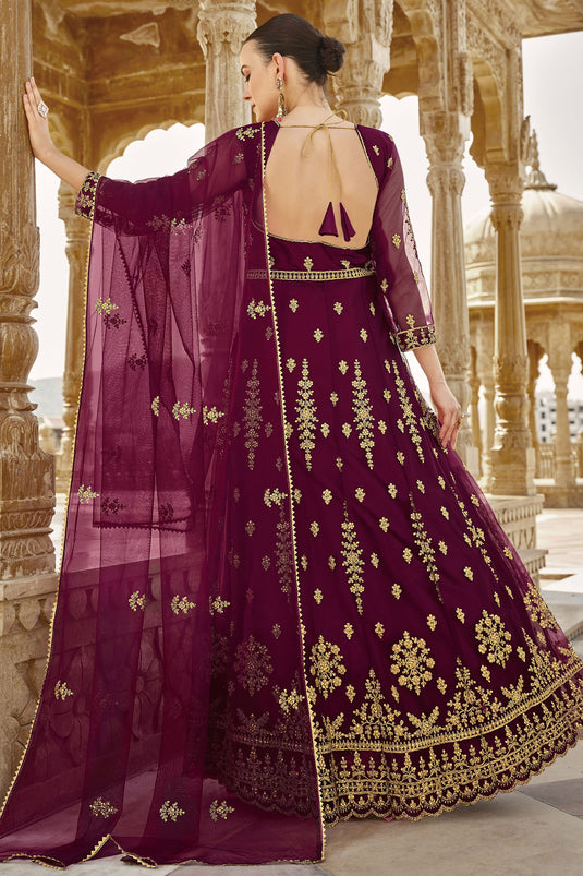Radiant Purple Color Net Fabric Wedding Wear Anarkali Suit