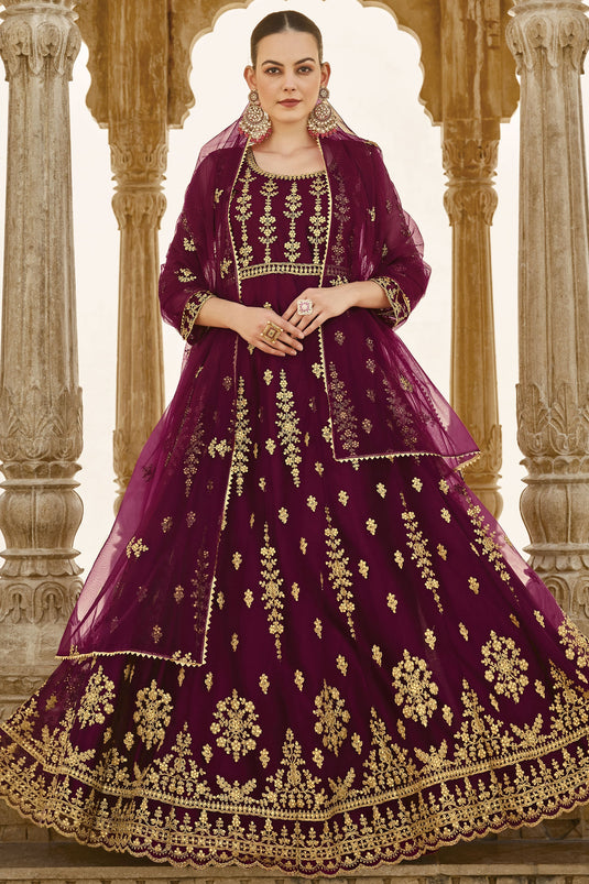 Radiant Purple Color Net Fabric Wedding Wear Anarkali Suit