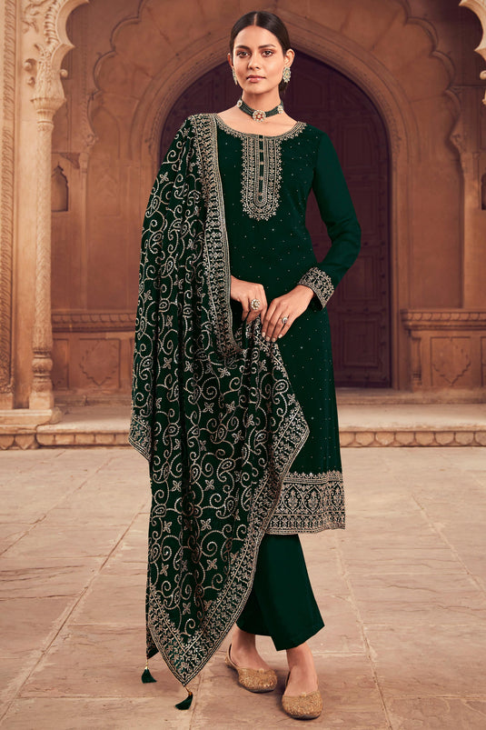 Embroidered Festive Wear Palazzo Salwar Kameez In Georgette Fabric Dark Green Color