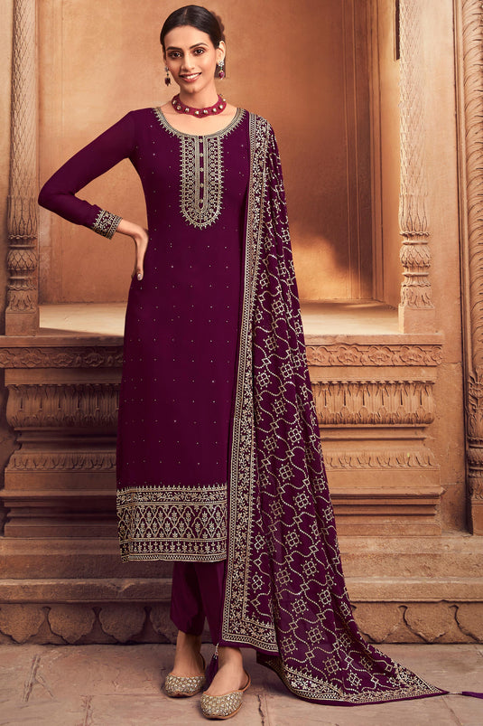 Wine Color Function Wear Embroidered Palazzo Salwar Suit In Georgette Fabric