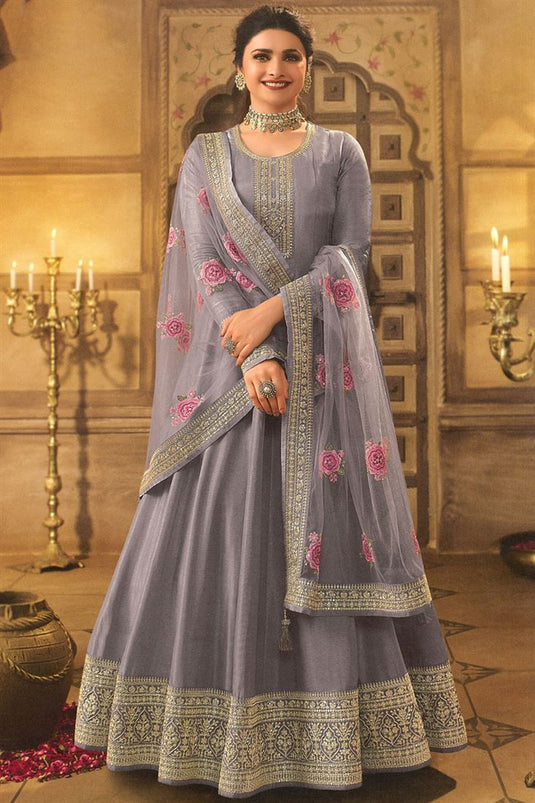 Prachi Desai Coveted Grey Color Sangeet Wear Art Silk Anarkali Suit