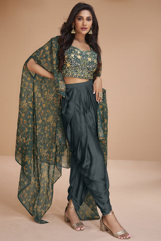Merlot Satin Silk Fabric Dark Green Color Embroidered Readymade Indo Western Dhoti Suit With Shrug