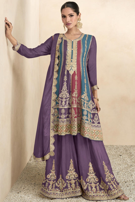 Purple Color Embroidered Readymade Pakistani Palazzo Suit In Chinon Fabric