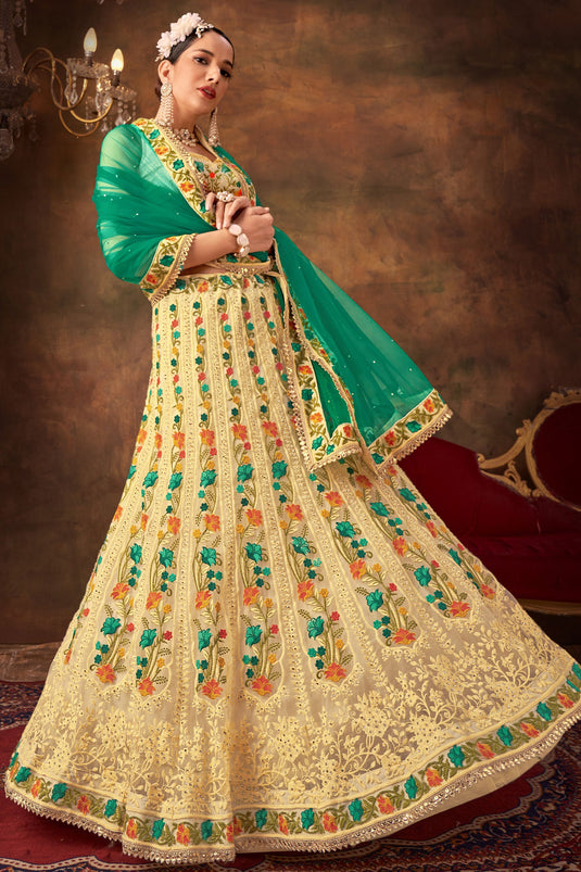 Beige Embroidered Net Fabric Lehenga Choli