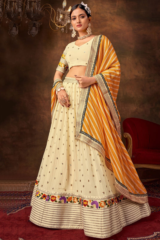 Off White Color Embroidered Wedding Wear Lehenga Choli In Georgette Fabric