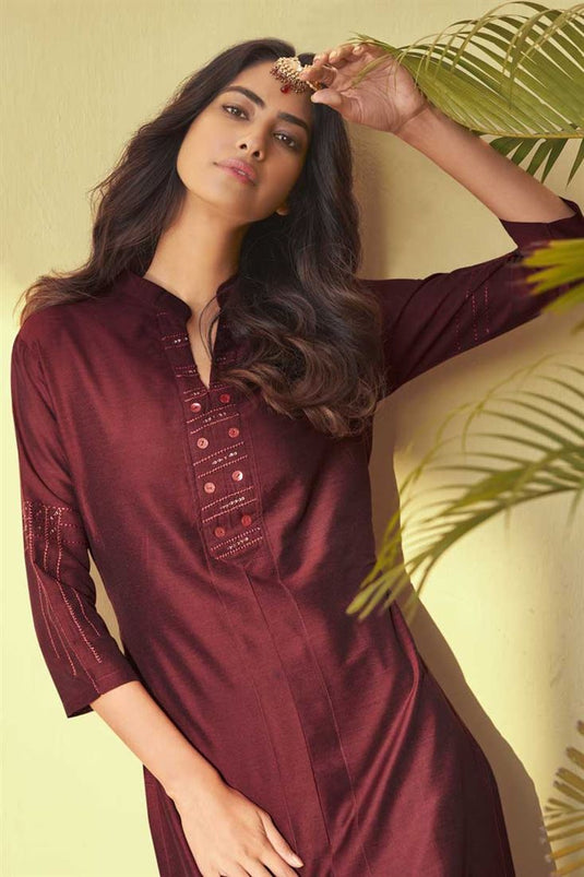 Maroon Color Daily Wear Pretty Embroidered Work Art Silk Fabric Kurti With Bottom