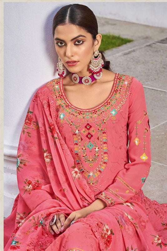 Charming Pink Color Georgette Fabric Embroidered Palazzo Suit