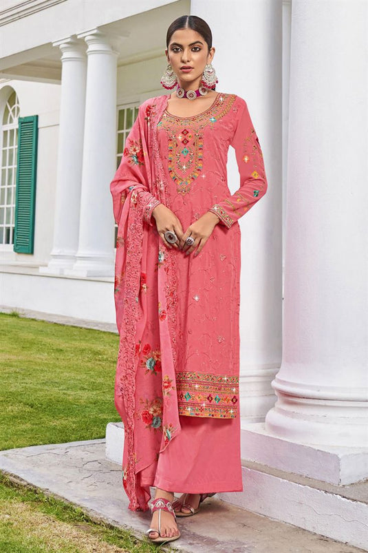 Charming Pink Color Georgette Fabric Embroidered Palazzo Suit