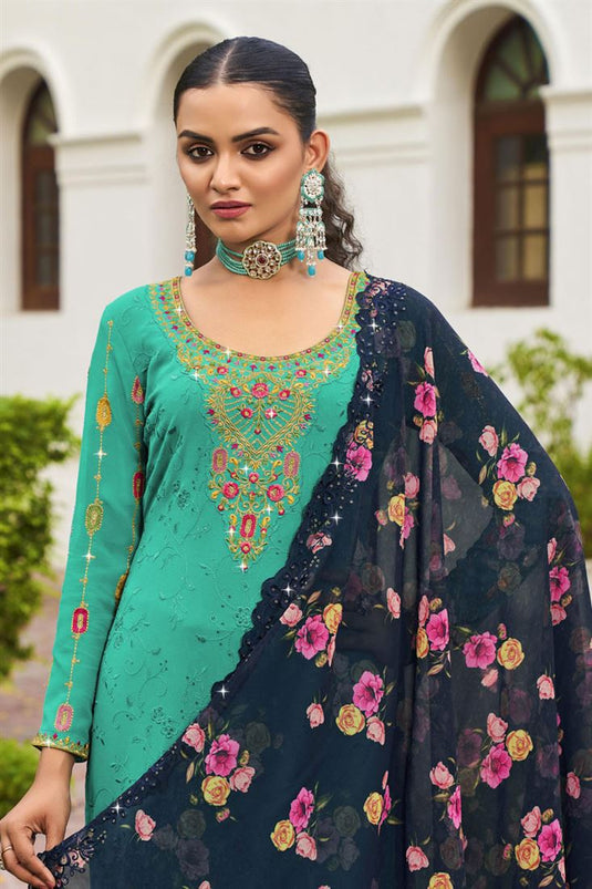 Radiant Embroidered Green Color Georgette Fabric Palazzo Suit