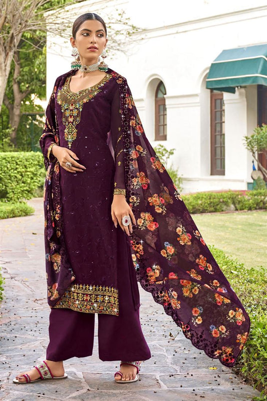 Excellent Georgette Fabric Wine Color Embroidered Palazzo Suit