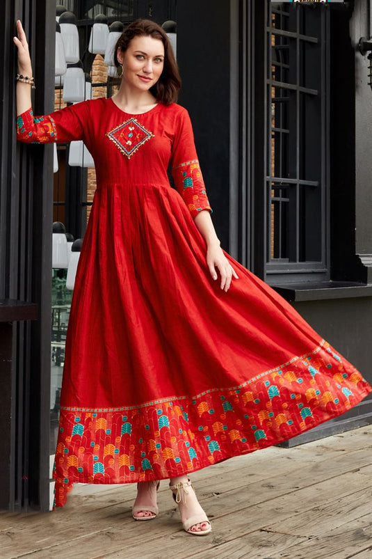 Red Color Cotton Incredible Readymade Kurti