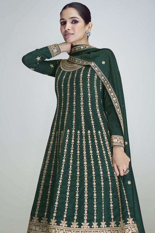 Silk Fabric Dark Green Color Festive Wear Embroidered Readymade Designer Salwar Kameez