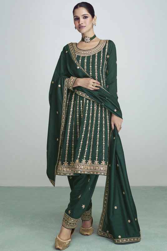 Silk Fabric Dark Green Color Festive Wear Embroidered Readymade Designer Salwar Kameez