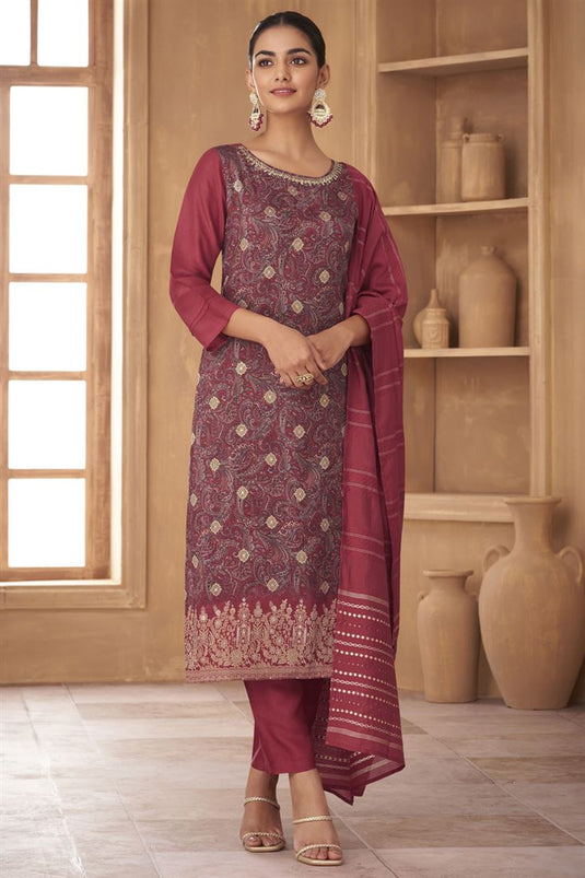 Maroon Color Glamorous Digital Printed Art Silk Salwar Suit