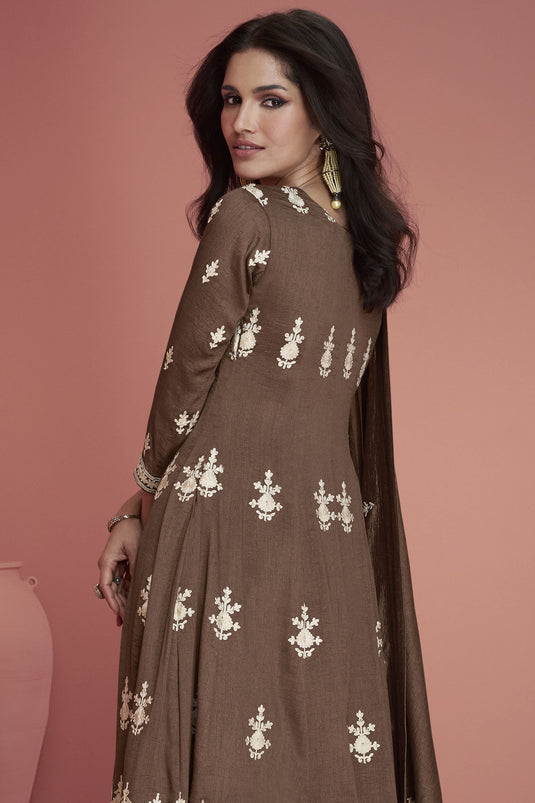 Art Silk Fabric Party Wear Embroidered Readymade Designer Salwar Kameez In Brown Color