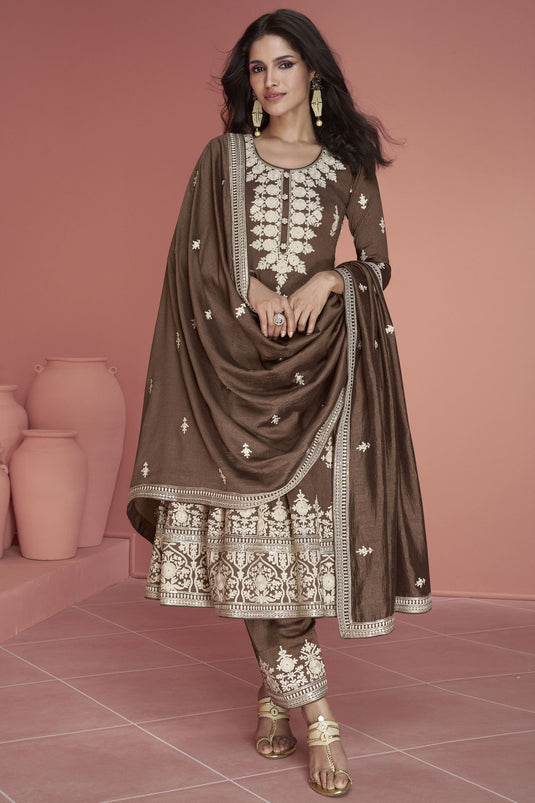 Art Silk Fabric Party Wear Embroidered Readymade Designer Salwar Kameez In Brown Color