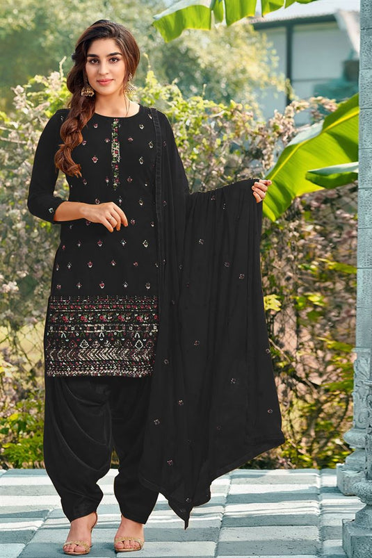 Black Color Embroidered Trendy Patiala Suit In Georgette Fabric