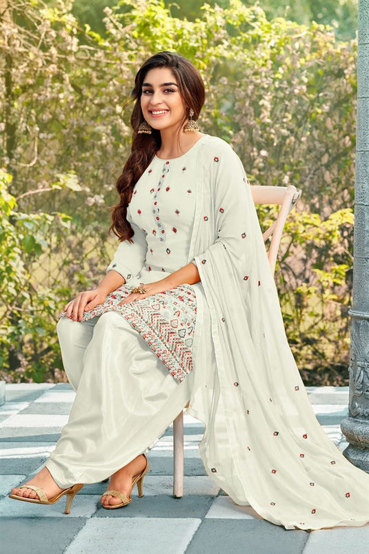 Stunning White Color Georgette Fabric Embroidered Patiala Suit