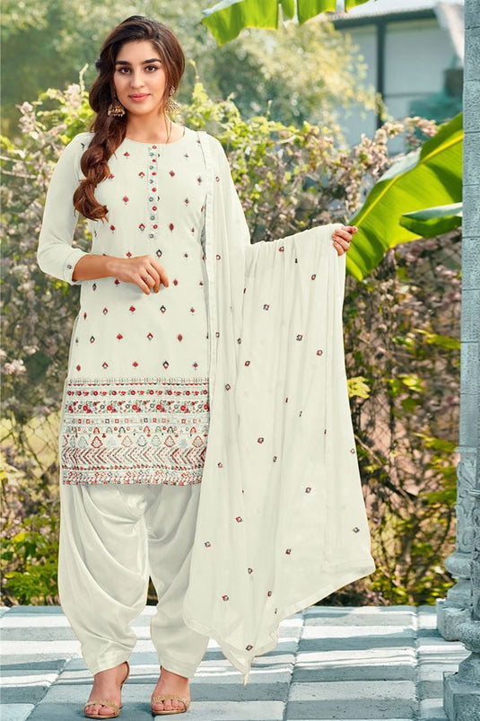 Stunning White Color Georgette Fabric Embroidered Patiala Suit