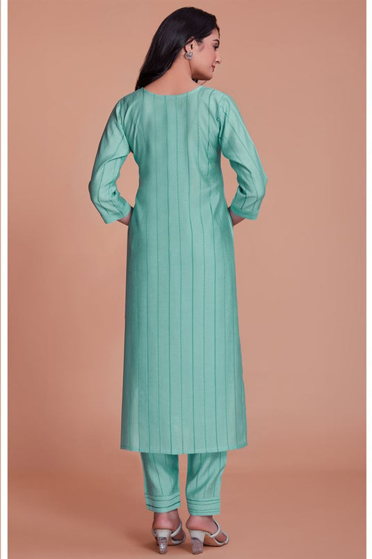 Charming Sea Green Color Viscose Fabric Kurti With Pant