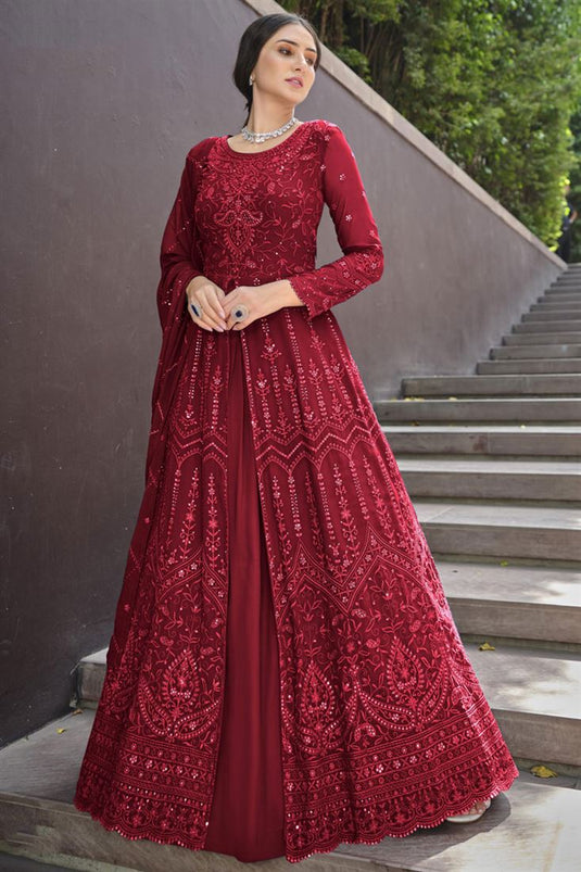 Georgette Maroon Color Phenomenal Readymade Gown With Dupatta