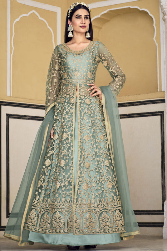 Embroidered Light Cyan Color Sharara Top Lehenga In Net Fabric