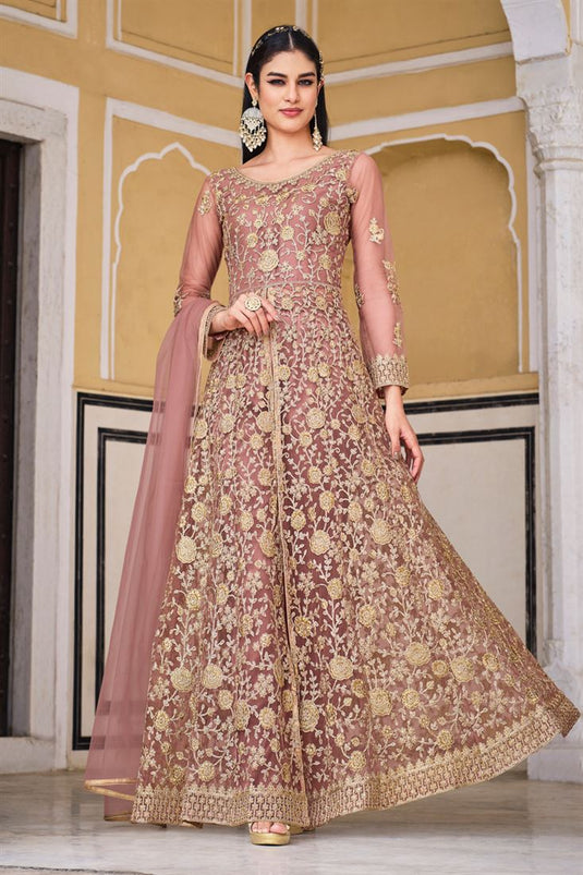 Peach Color Net Fabric Classic Anarkali Suit For Function