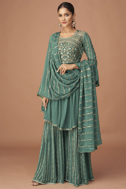 Incredible Embroidered Work On Georgette Fabric Teal Color Function Wear Readymade Palazzo Suit